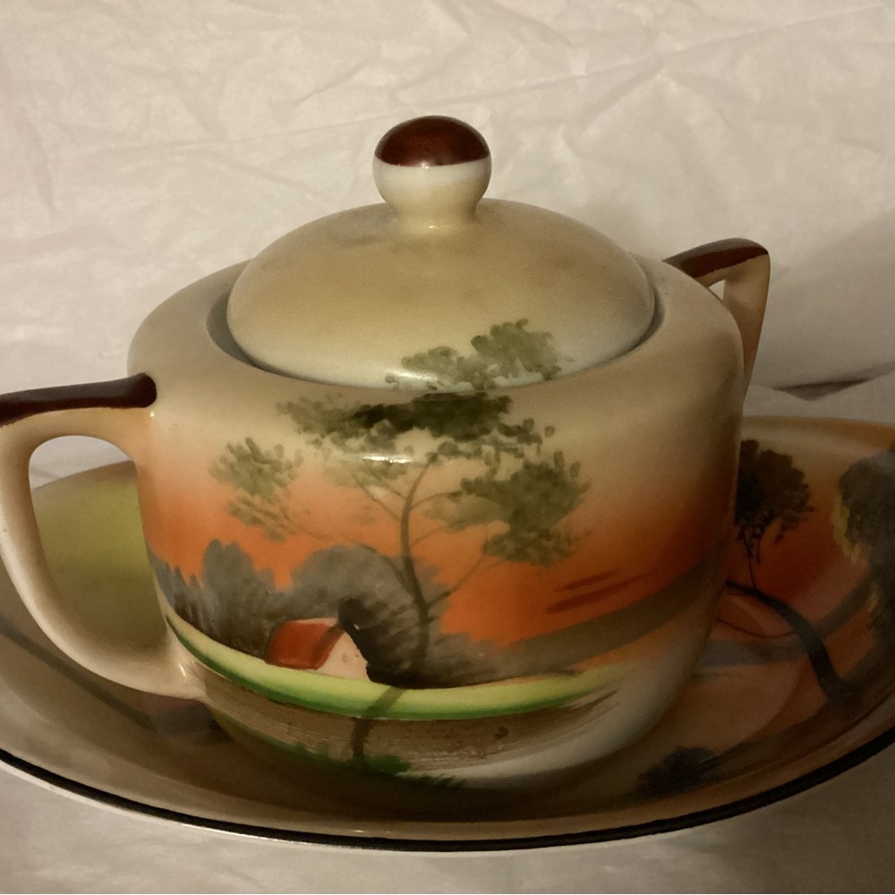 Vintage Hand Painted Noritake Ginger pot & Small Tray Scenic Sunset